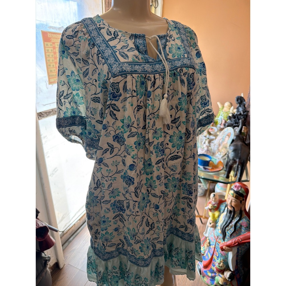 Boho Floral Block Print Mini Dress Blue Teal Tassel Tie Ruffle Hem Short Sleeve